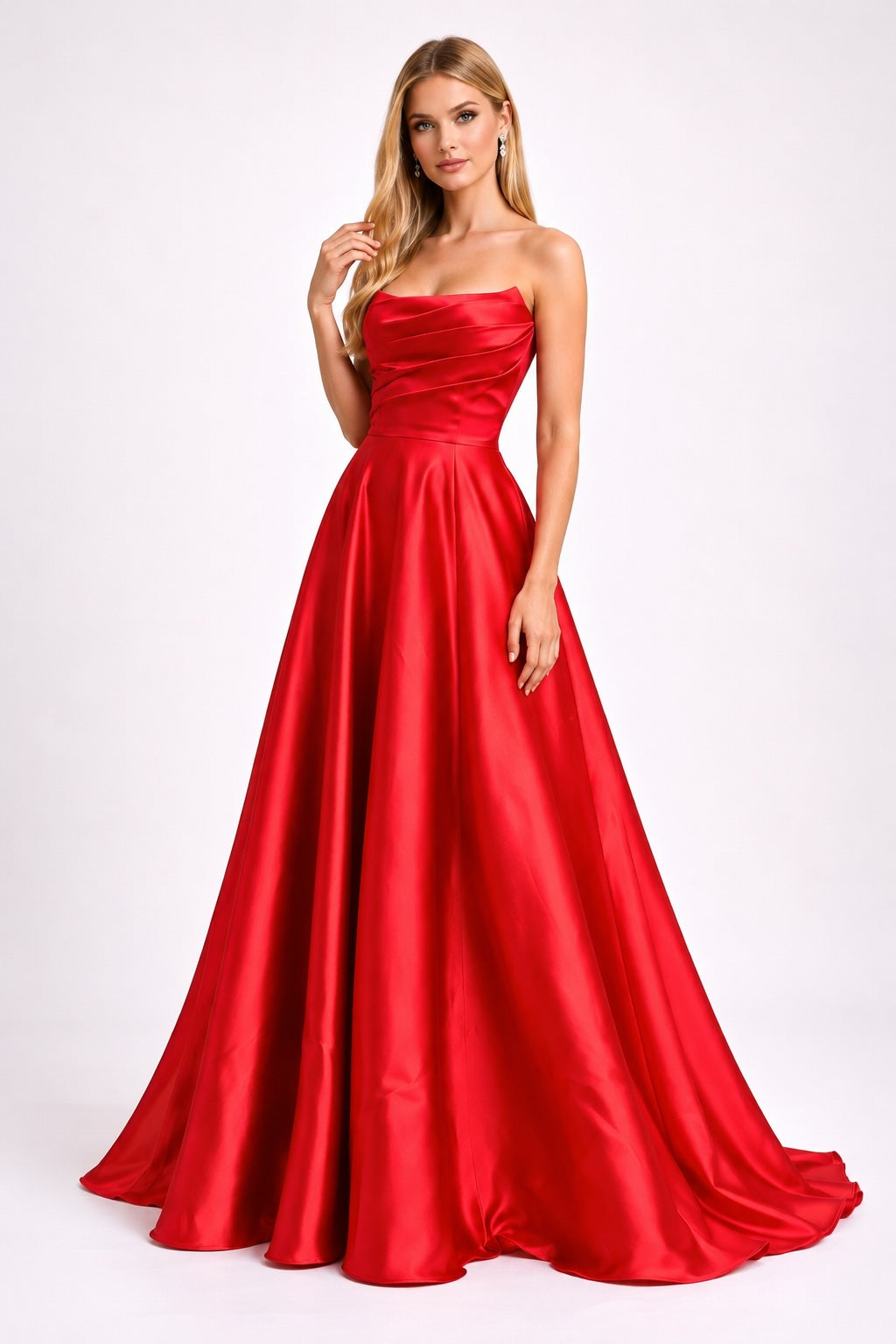 Robe de soirée bustier satinée rouge avec drapé structuré, jupe volumineuse et fente élégante, par Dressie Dress.