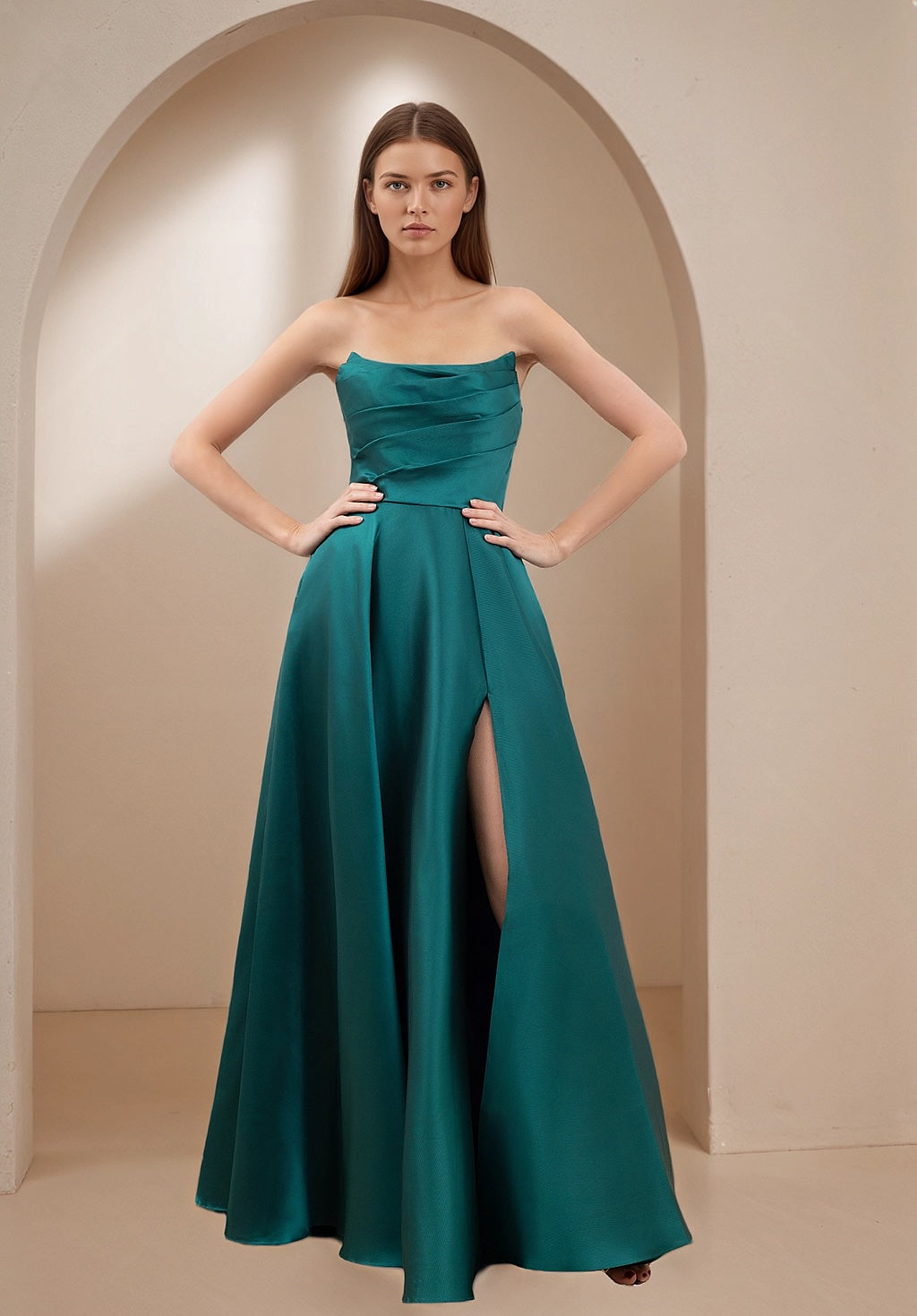 Women's Strapless Satin Evening Dress with Structured Draping + Voluminous Skirt and Elegant Slit – Chic and Sensual Look for New Year's Eve Parties and Evenings | Dressie Dress