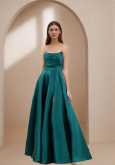 Women's Strapless Satin Evening Dress with Structured Draping + Voluminous Skirt and Elegant Slit – Chic and Sensual Look for New Year's Eve Parties and Evenings | Dressie Dress