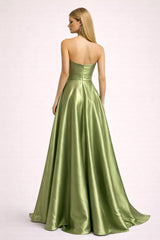 Women's Strapless Satin Evening Dress with Structured Draping + Voluminous Skirt and Elegant Slit – Chic and Sensual Look for New Year's Eve Parties and Evenings | Dressie Dress