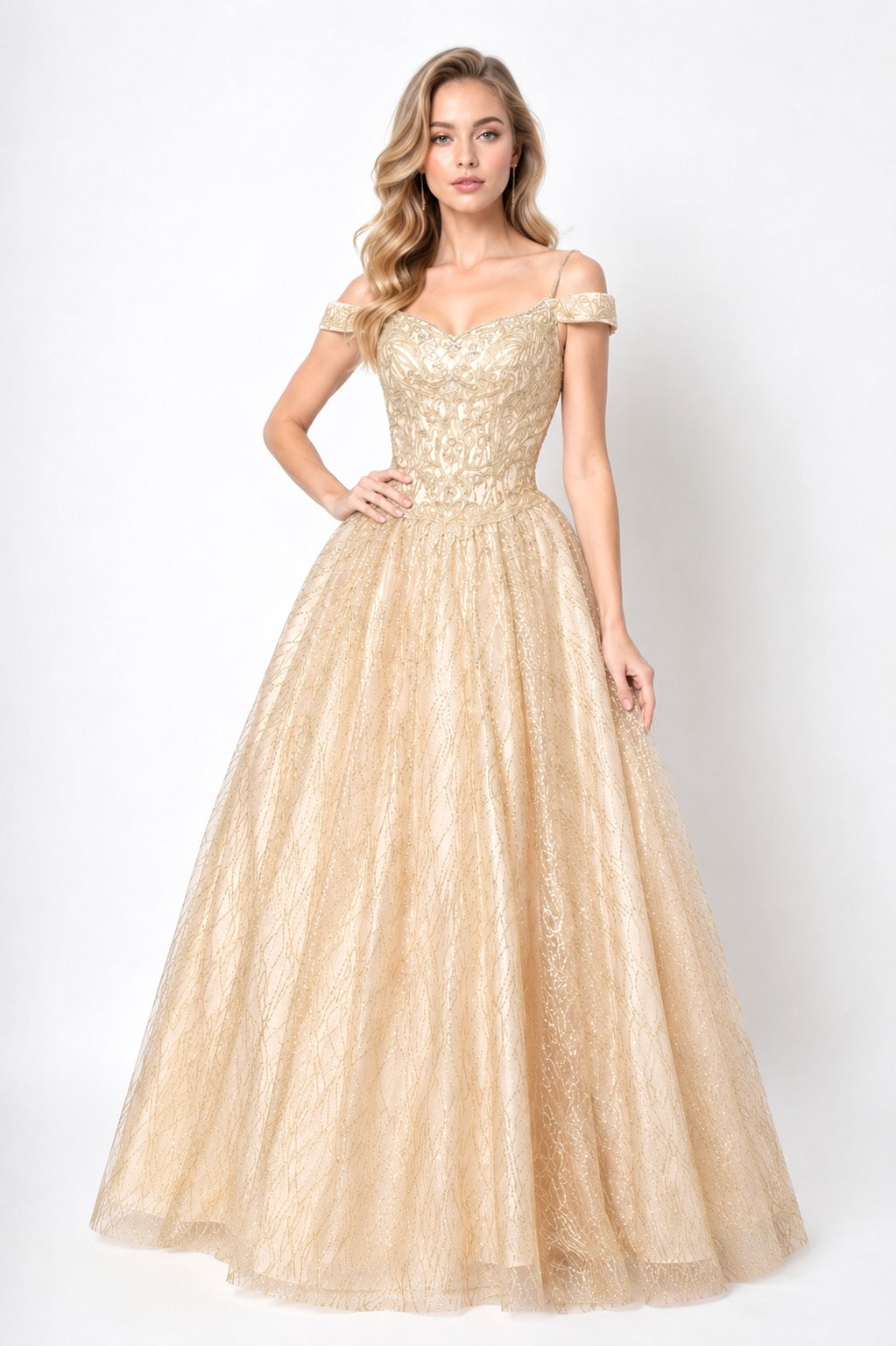 Robes de soirée princesse en tulle jacquard pailleté décolleté cœur épaules dénudées avec fines bretelles corsage brodé perlé jupe ample longue | Dressie Dress