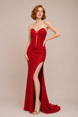 Femme Robes de soirée longue bustier effet corset baleines structurées tissu scintillant et fente haute | Dressie Dress