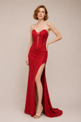 Femme Robes de soirée longue bustier effet corset baleines structurées tissu scintillant et fente haute | Dressie Dress