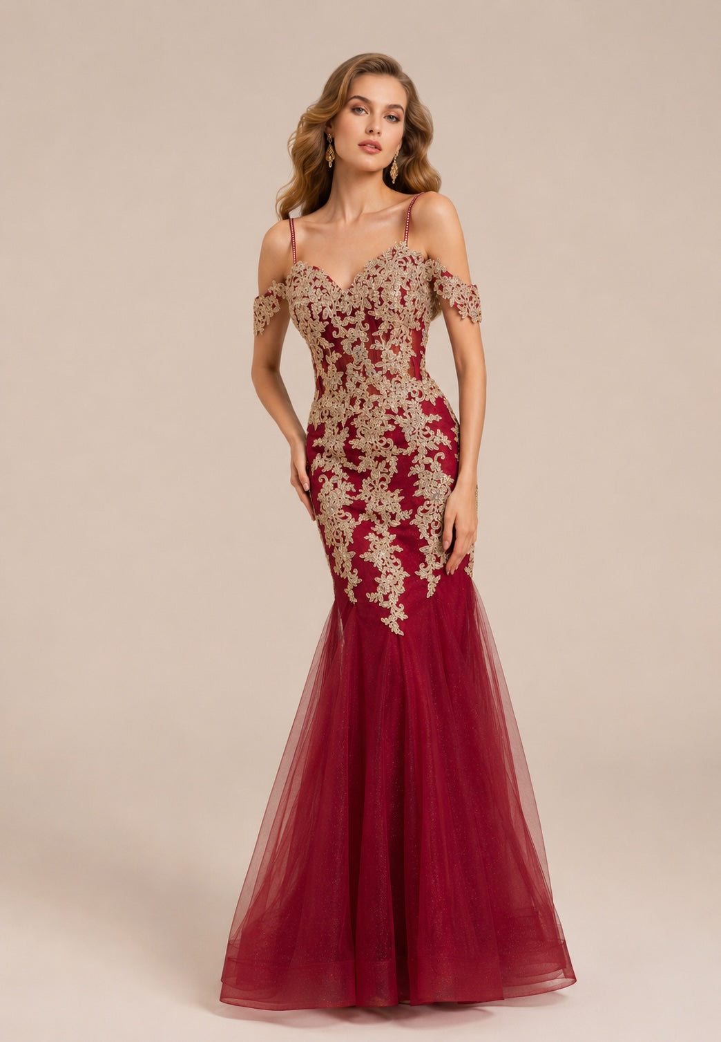 Robe de soirée sirène pour femme Dressie Dress avec bretelles, épaules dénudées, dentelle brodée, décolleté cœur et tulle scintillant