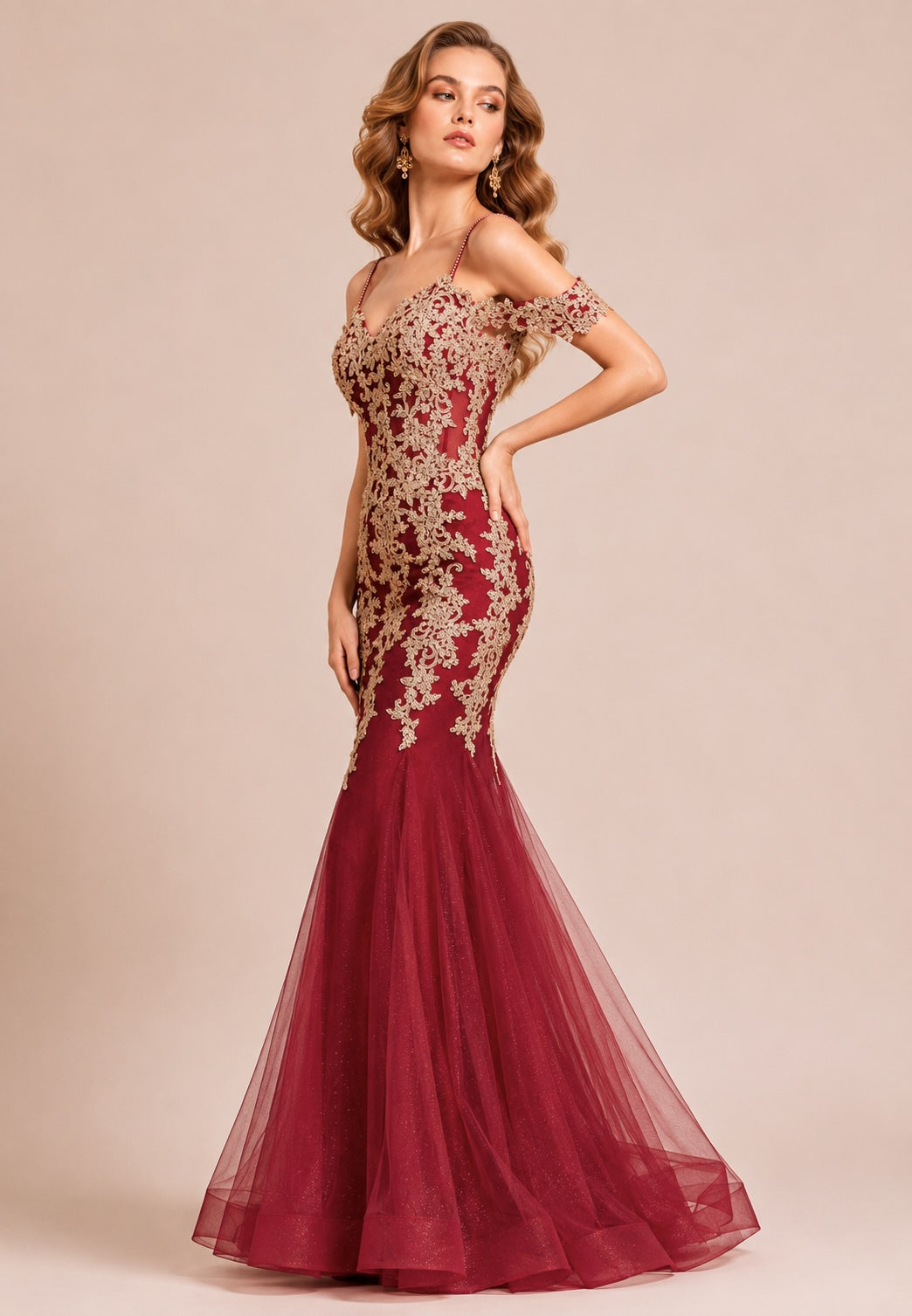 Robe de soirée sirène pour femme Dressie Dress avec bretelles, épaules dénudées, dentelle brodée, décolleté en cœur et tulle scintillant
