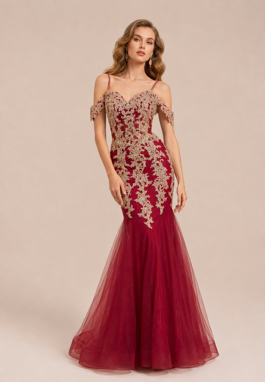 Robe de soirée sirène pour femme Dressie Dress avec bretelles, épaules dénudées, dentelle brodée, décolleté en cœur et tulle scintillant