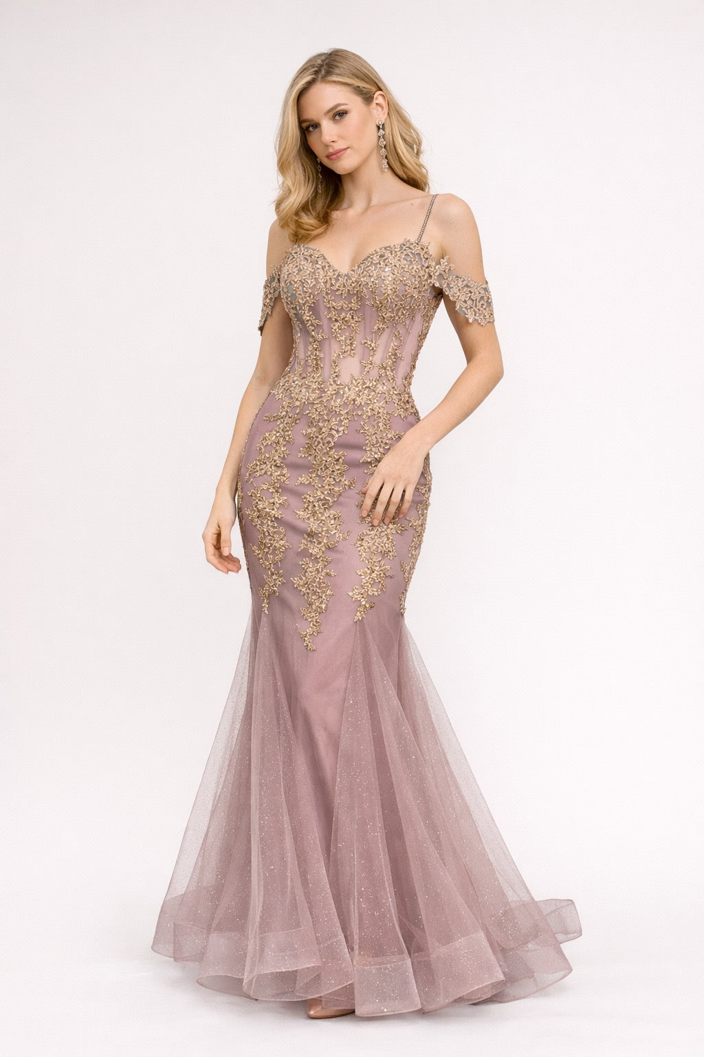 Robe de soirée sirène pour femme Dressie Dress avec bretelles, épaules dénudées, dentelle brodée, décolleté en cœur et bas en tulle scintillant