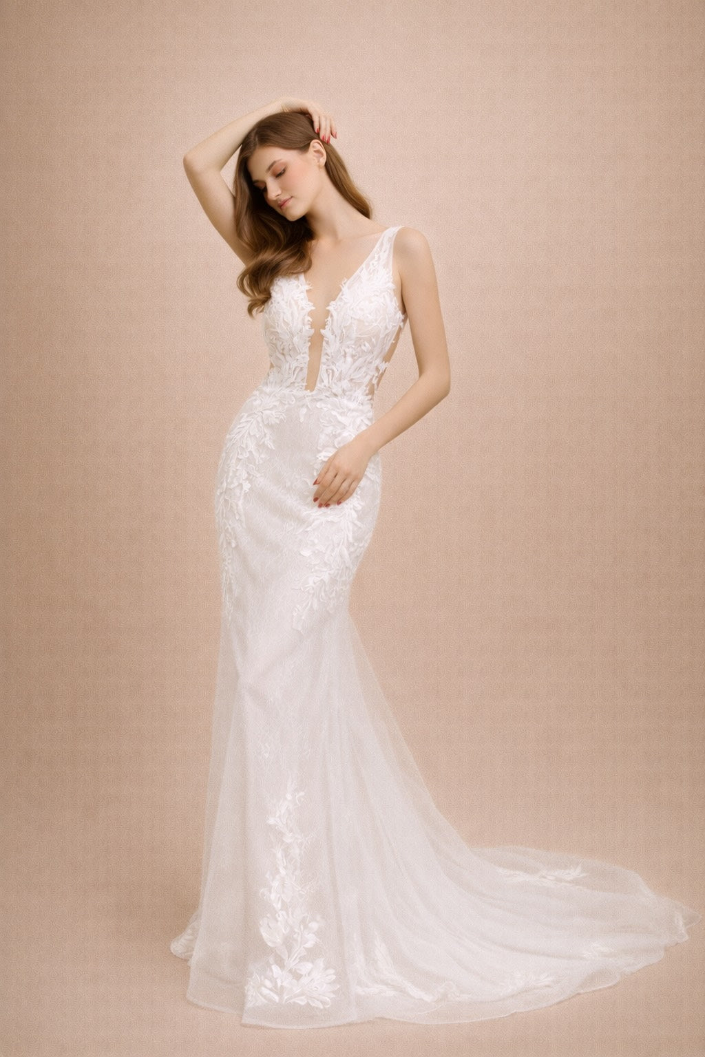 Mariée Robe de mariage sirène avec décolleté plongeant en tulle illusion appliqués floraux 3D et dos V | Dressie Dress - Dressie Dress