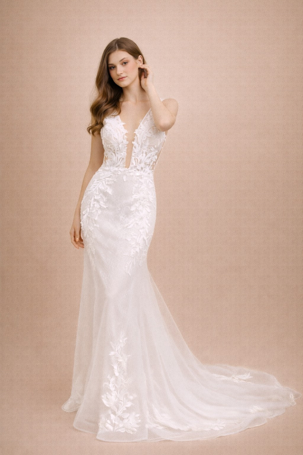Mariée Robe de mariage sirène avec décolleté plongeant en tulle illusion appliqués floraux 3D et dos V | Dressie Dress - Dressie Dress