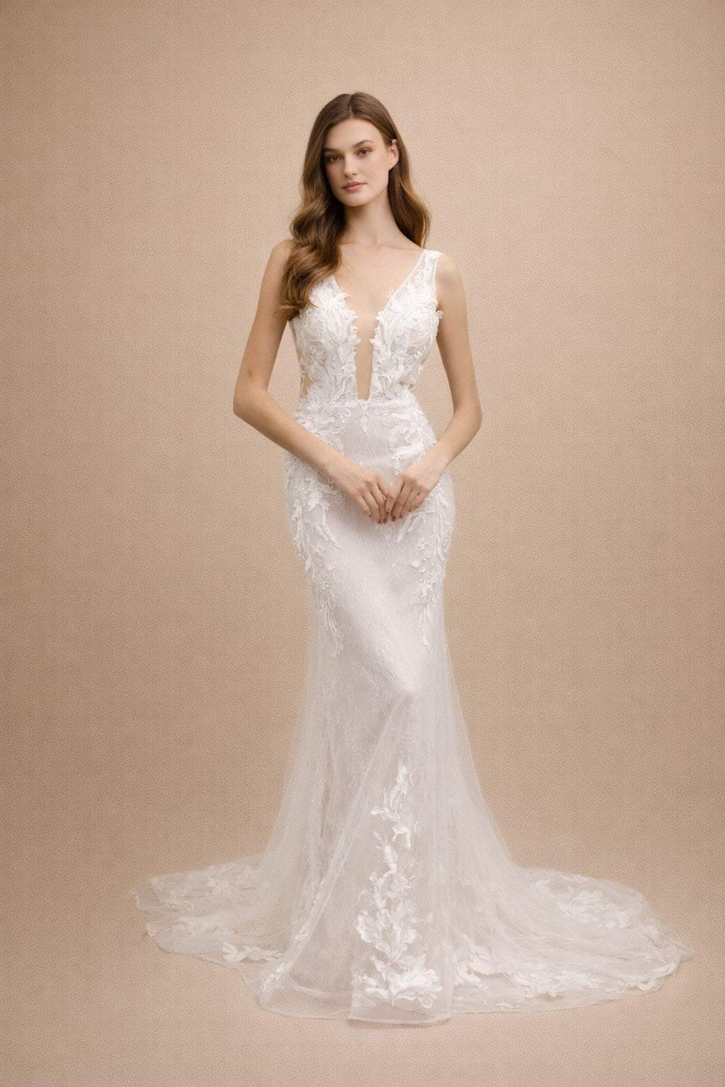 Mariée Robe de mariage sirène avec décolleté plongeant en tulle illusion appliqués floraux 3D et dos V | Dressie Dress - Dressie Dress