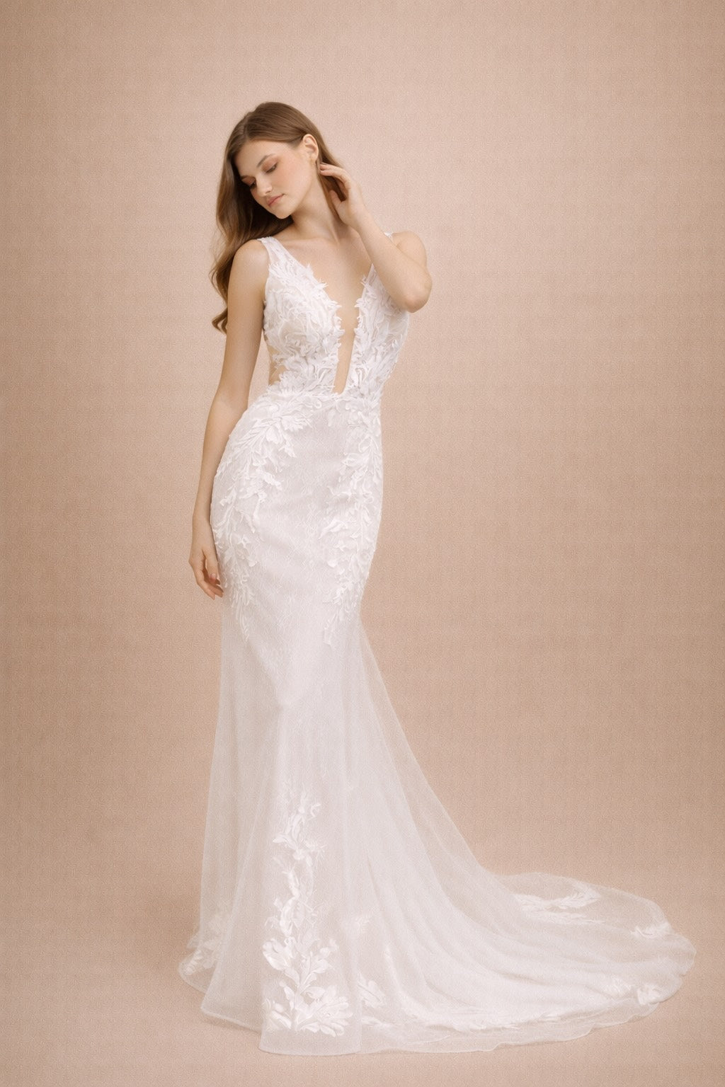 Mariée Robe de mariage sirène avec décolleté plongeant en tulle illusion appliqués floraux 3D et dos V | Dressie Dress - Dressie Dress