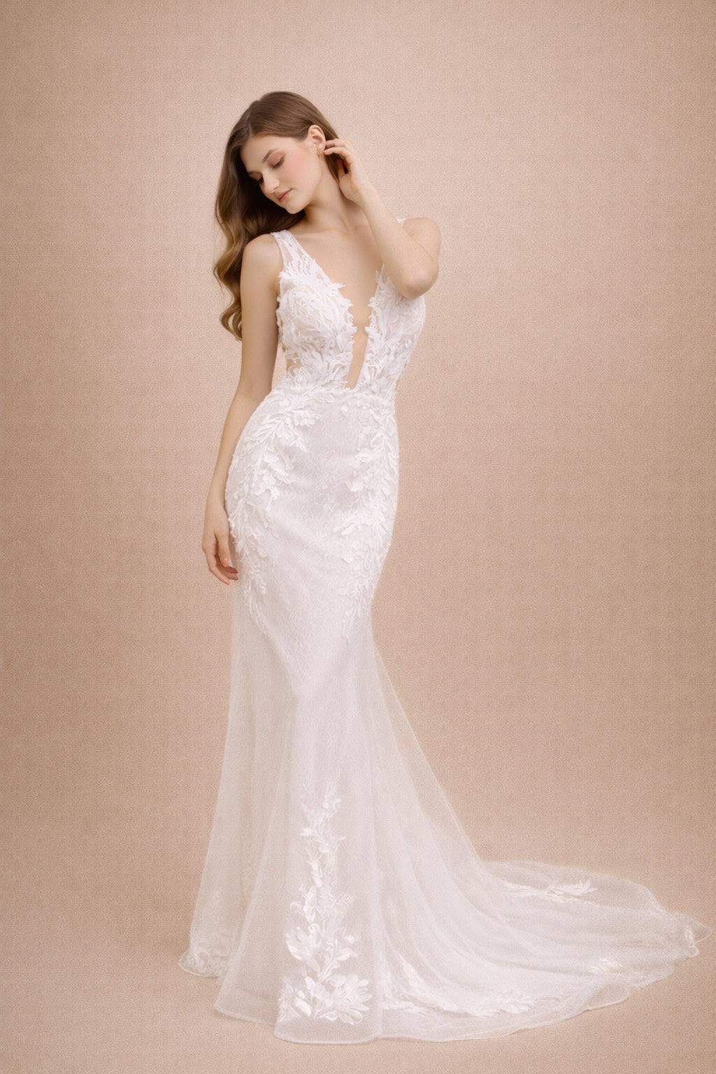 Mariée Robe de mariage sirène avec décolleté plongeant en tulle illusion appliqués floraux 3D et dos V | Dressie Dress - Dressie Dress