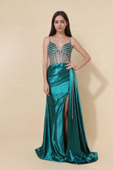 Femme Robes de soirée moulante avec bustier cœur lignes strass tulle illusion fente haute et drapé latéral | Dressie Dress - Dressie Dress