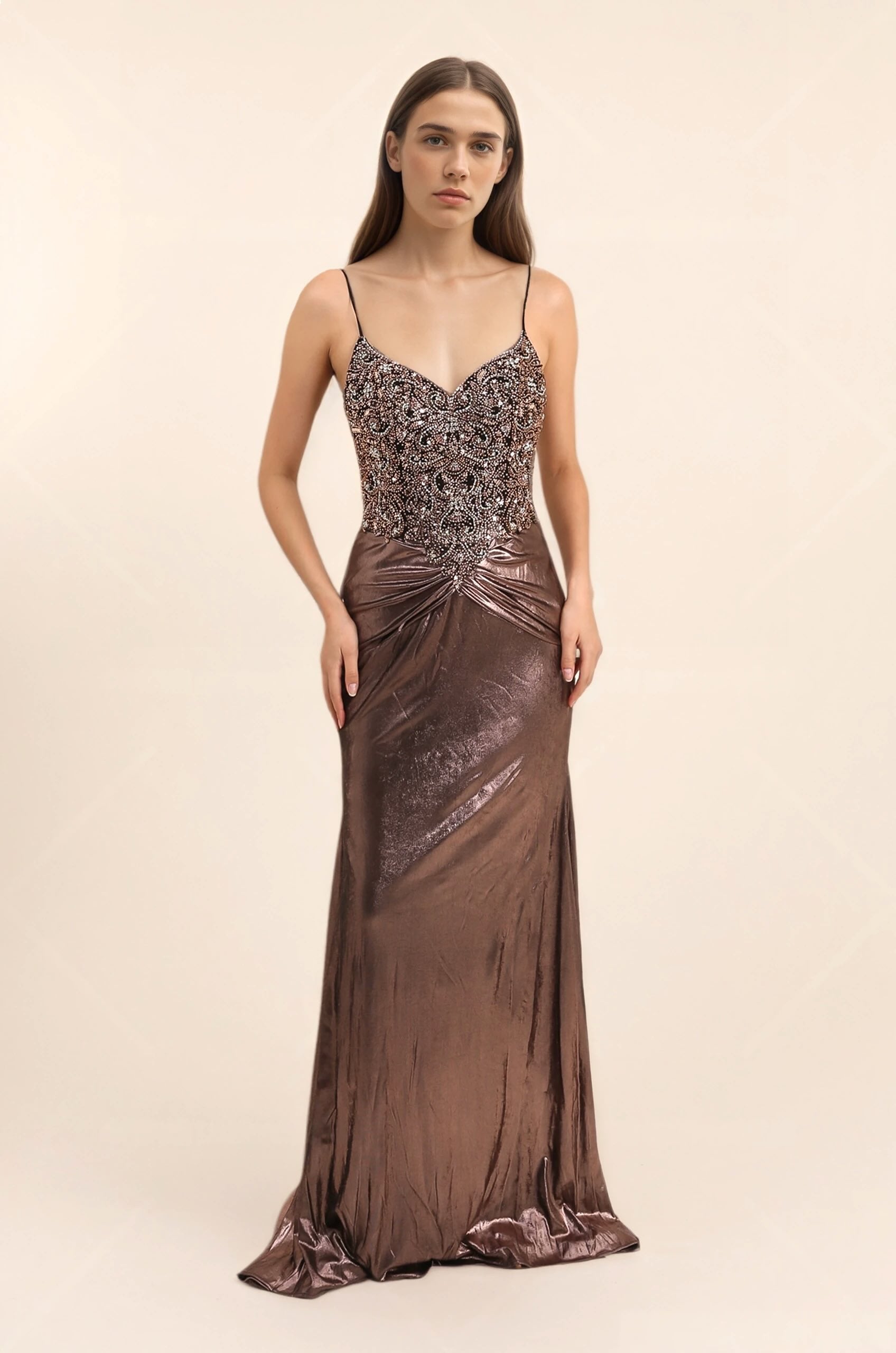 Femme Robes de soirée sirène à fines bretelles et décolleté V corsage entièrement orné de perles/strass drapé croisé à la taille | Dressie Dress - Dressie Dress