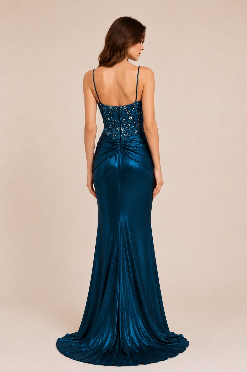 Robe de soirée sirène pour femme Dressie Dress, à fines bretelles, décolleté V, perles et strass, drapé croisé à la taille, couleur bleue