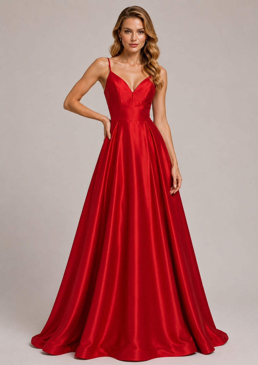 Robe de soirée longue rouge pour femme, à fines bretelles, décolleté en V, taille haute et dos nu, par Dressie Dress.