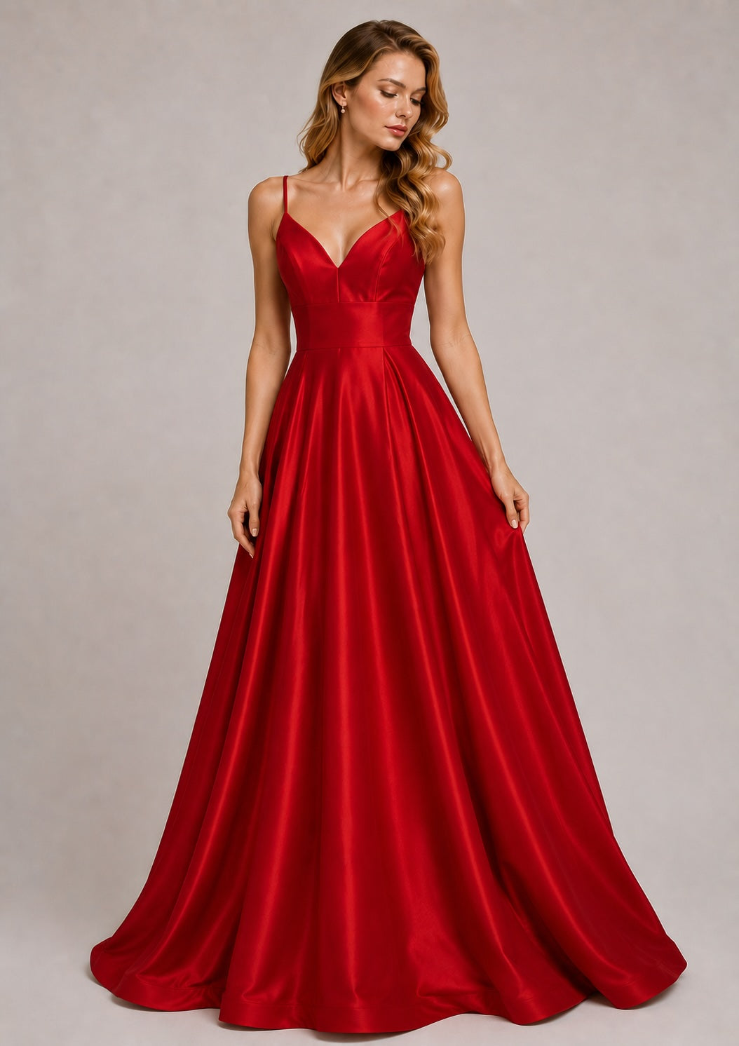 Robe de soirée longue rouge pour femme avec fines bretelles, décolleté en V, taille haute et dos nu, par Dressie Dress