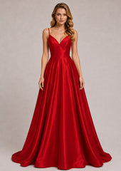 Robe de soirée longue rouge pour femme, bretelles fines, décolleté en V, taille haute et dos nu, marque Dressie Dress.