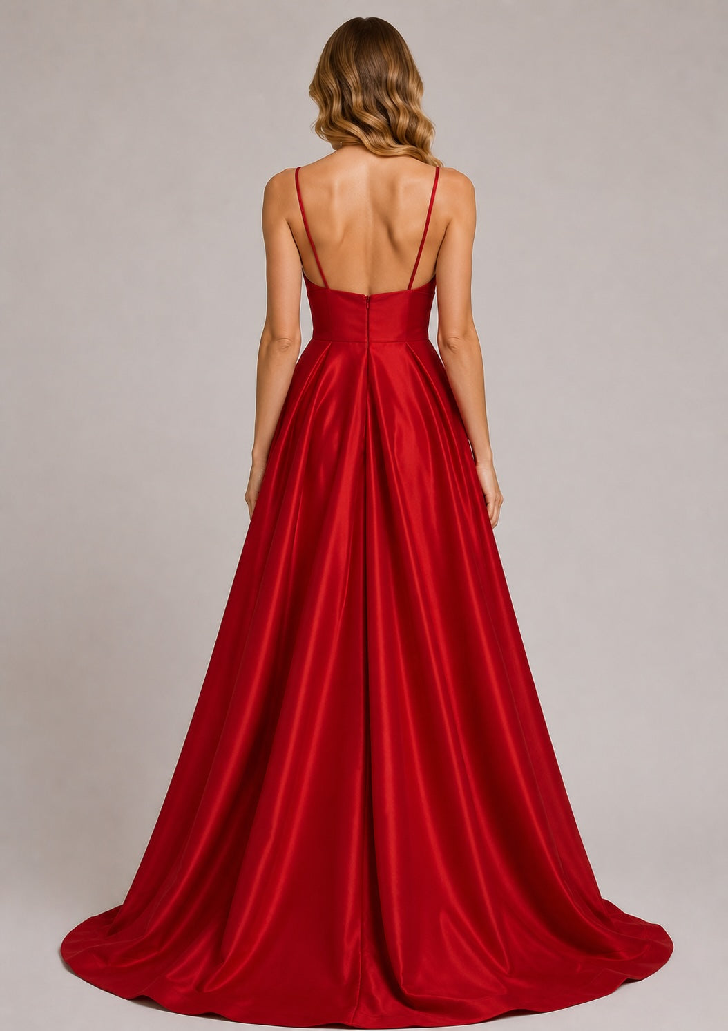 Robe de soirée longue rouge Dressie Dress, femme, décolleté V, fines bretelles, taille haute, grand volume, dos nu.