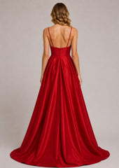 Robe de soirée longue rouge Dressie Dress, femme, décolleté V, fines bretelles, taille haute, grand volume, dos nu.