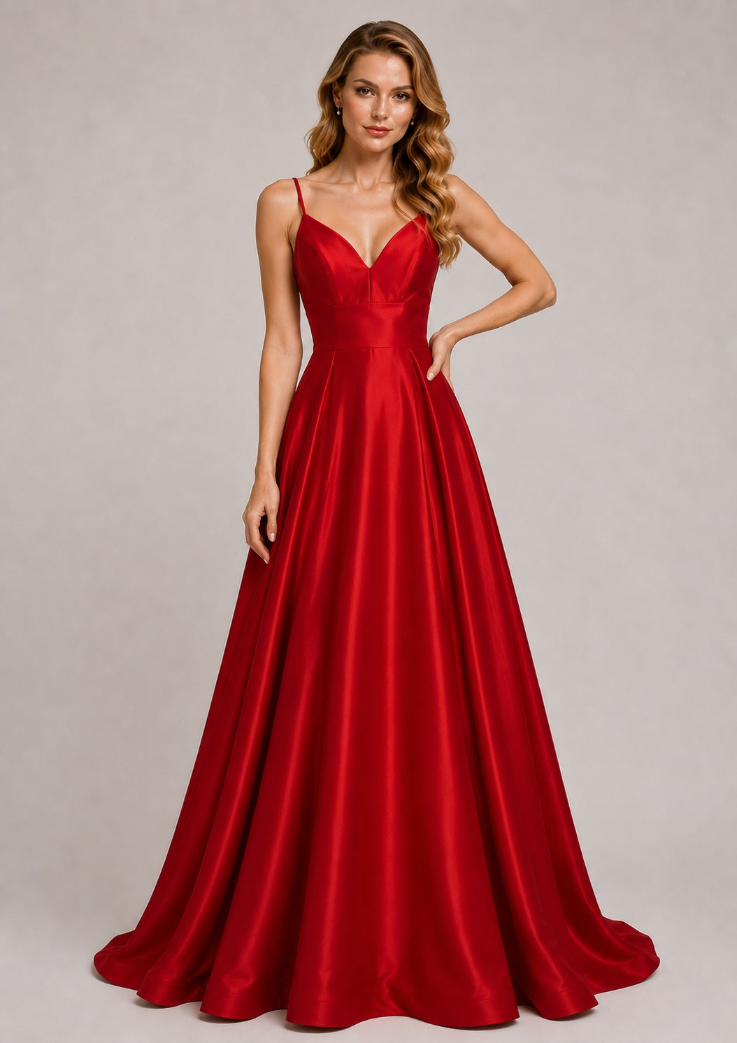 Robe de soirée longue rouge pour femme Dressie Dress, bretelles fines, décolleté en V, taille haute et dos nu.
