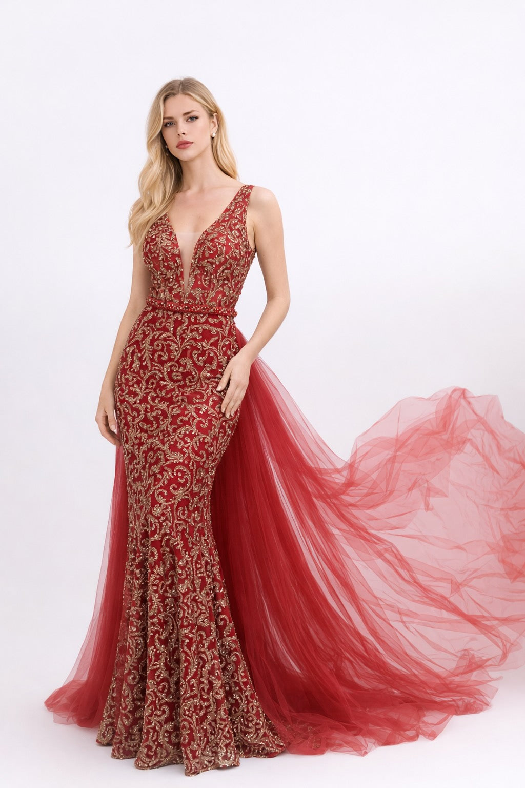 Femme Robes de soirée sirène avec décolleté V en tulle illusion broderies baroques dorées sequins ceinture perlée + surjupe tulle amovible avec longue traîne | Dressie Dress