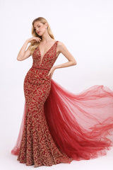 Femme Robes de soirée sirène avec décolleté V en tulle illusion broderies baroques dorées sequins ceinture perlée + surjupe tulle amovible avec longue traîne | Dressie Dress