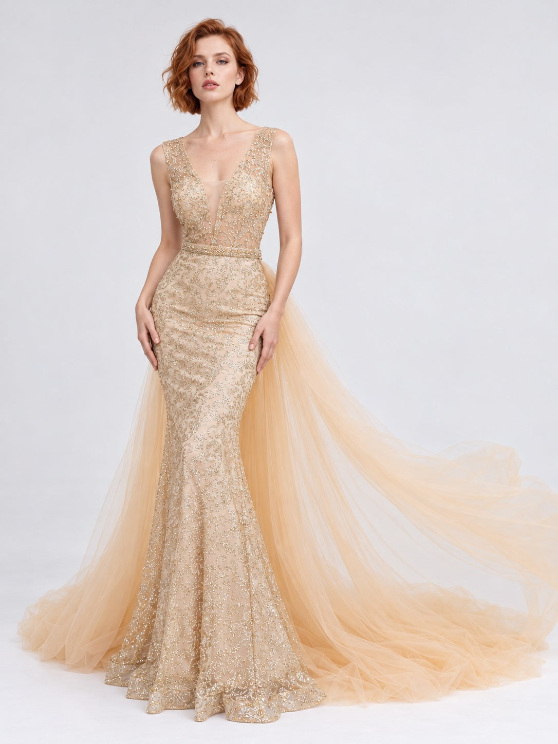 Femme Robes de soirée sirène avec décolleté V en tulle illusion broderies baroques dorées sequins ceinture perlée + surjupe tulle amovible avec longue traîne | Dressie Dress