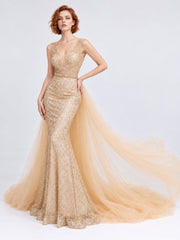 Femme Robes de soirée sirène avec décolleté V en tulle illusion broderies baroques dorées sequins ceinture perlée + surjupe tulle amovible avec longue traîne | Dressie Dress