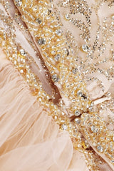 Femme Robes de soirée sirène avec décolleté V en tulle illusion broderies baroques dorées sequins ceinture perlée + surjupe tulle amovible avec longue traîne | Dressie Dress - Dressie Dress
