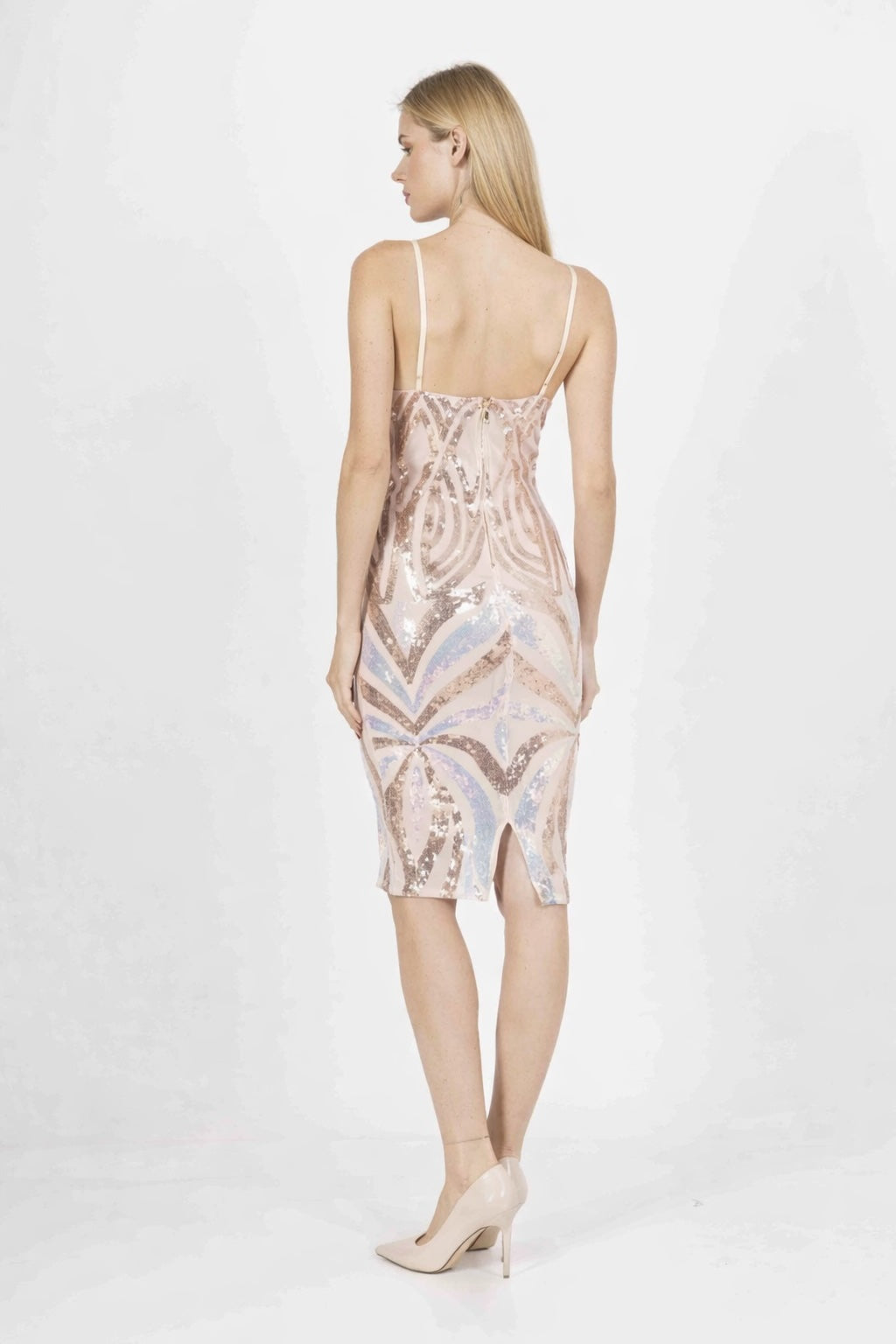 Femme Robe midi moulante à sequins motif géométrique fines bretelles décolleté V zip dos et fente arrière – Robe cristalline | Dressie Dress - Dressie Dress