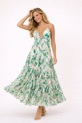 Robe longue pour femme Dressie Dress à bretelles fines, décolleté en V profond, dos nu et jupe superposée à volants.