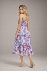 Robes imprimées à fines bretelles décolleté cœur avec bonnets structurés & jupe midi à volants superposés et dos smocké | Dressie Dress