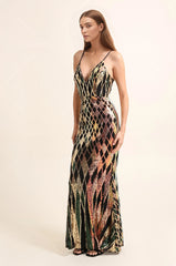 Women's Long Evening Dress with Straps, Deep V-Neck &amp; Geometric Sequin Pattern, Bodycon Fit with Flared Skirt | Dressie Dress