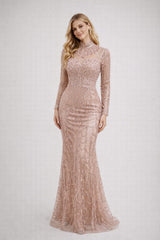 Robes prestige longue sirène à manches longues col haut illusion effet collier broderies perlées & sequins poitrine structurée et taille marquée  | Dressie Dress