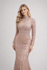 Robes prestige longue sirène à manches longues col haut illusion effet collier broderies perlées & sequins poitrine structurée et taille marquée  | Dressie Dress