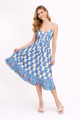 Robe longue femme imprimée, à fines bretelles, décolleté V, dos croisé avec laçage réglable, style vacances ou ville, Dressie Dress