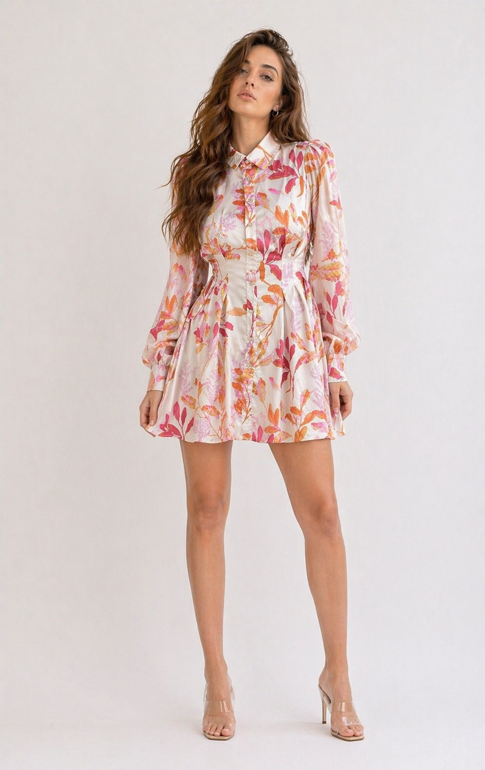 Robe courte imprimée pour femme de la marque Dressie Dress, style français romantique, col chemise, manches bouffantes, jupe évasée